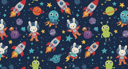 Adorable astronaut bunnies and friendly aliens explore outer space in this whimsical, seamless pattern, perfect for kids' apparel and textile designs.