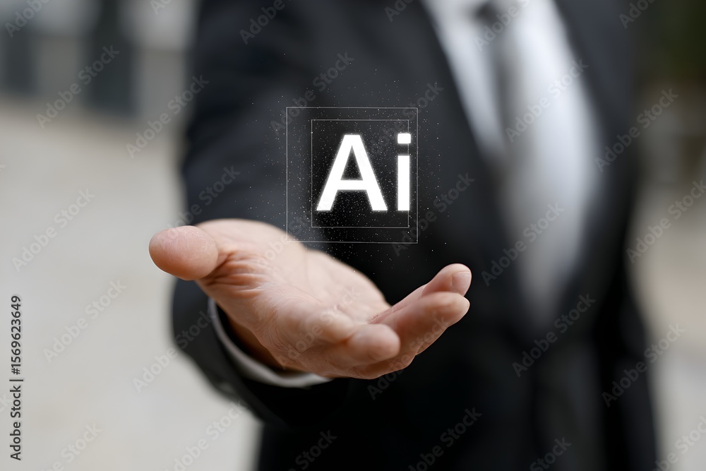 Poster man wearing a suit holding out hand with virtual glowing ai text. artificial intelligence concept fo