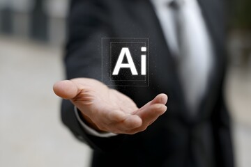 Man wearing a suit holding out hand with virtual glowing AI text. Artificial intelligence concept for futuristic technology.