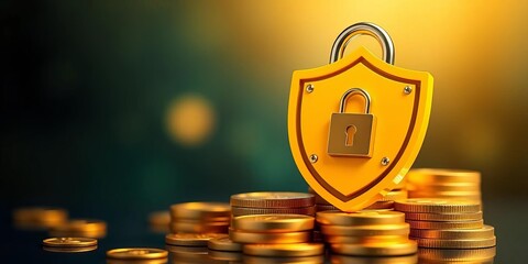 Yellow shield with padlock on gold coins stack, digital asset, bitcoin