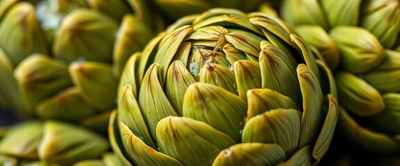 Fototapeta premium Close-up of vibrant green artichoke hearts, glistening with olive oil, ready to be served, modern kitchen, leaf