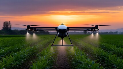Naklejka premium Agricultural drone flying over sunset field