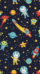 A whimsical seamless pattern depicts adorable cartoon bunnies and friendly aliens exploring outer space alongside colorful rockets, planets, and twinkling stars.