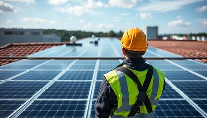 Back view of worker inspecting solar panels on a roof, energy, sustainable