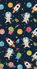 Cute cartoon bunnies and aliens in astronaut suits explore outer space with rockets and planets in a whimsical cosmic adventure.