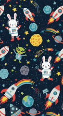 A delightful seamless pattern features cute cartoon astronaut bunnies and an alien exploring a vibrant outer space with rockets, planets, and stars.