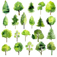 Watercolor Trees and Bushes Set with Various Green Tones