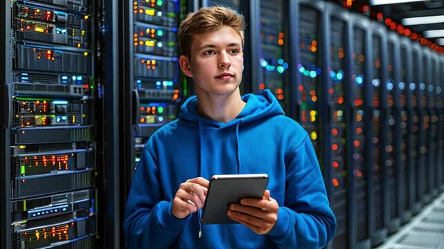 Focused male technician monitors servers with a tablet in a data center.
