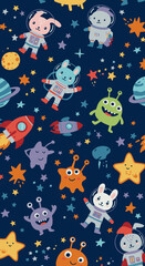 A whimsical and colorful seamless pattern featuring cartoon rabbits in space suits, aliens, stars, and planets against a dark blue background, creating a playful and imaginative design.