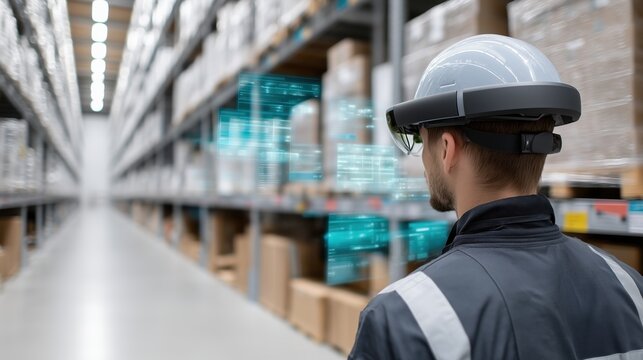 Warehouse Worker Using Augmented Reality Glasses for Inventory Management in Modern Storage Facility