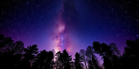 Naklejka premium Silhouetted trees against a vibrant, star-filled night sky, impressive, deep sky