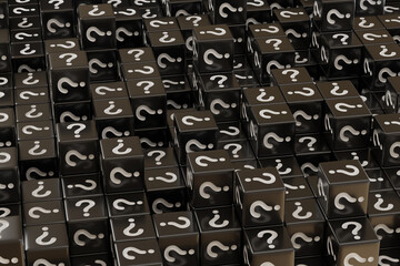 Black dice with question marks background. 3d illustration.