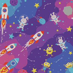 A whimsical cartoon illustration of cute bunny astronauts and friendly aliens exploring a vibrant, starry galaxy with rockets and planets.