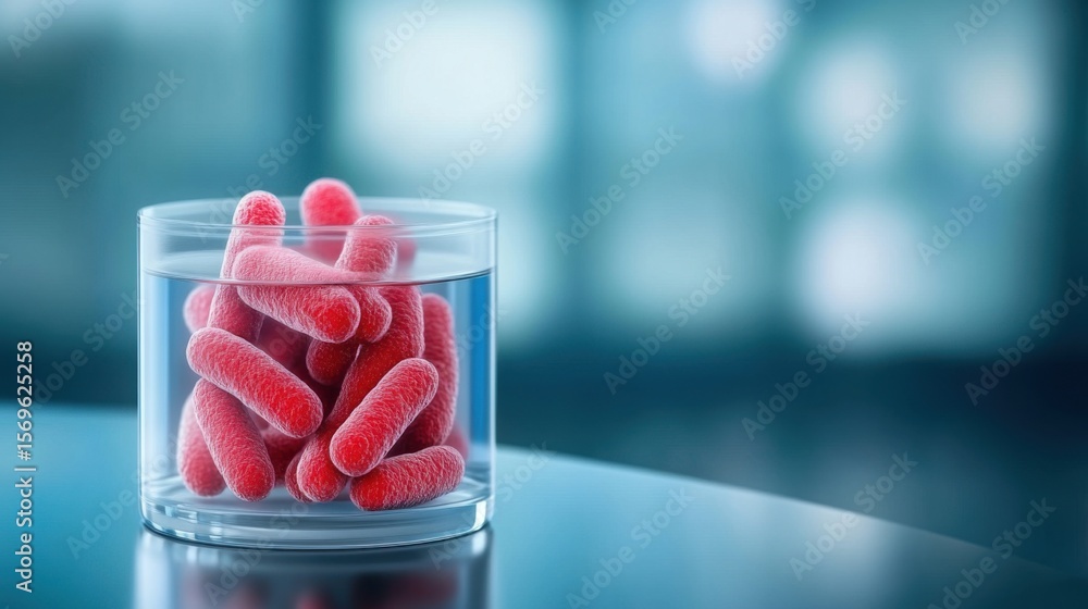 Poster close-up view of red bacteria in clear liquid on a laboratory table