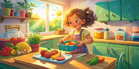 Back to School:  Schoolgirl Packing Healthy Lunchbox, Sunny Morning,  Happy Child