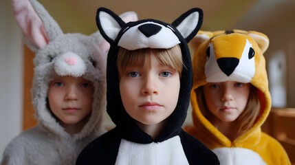 Cute children wearing animal costumes.