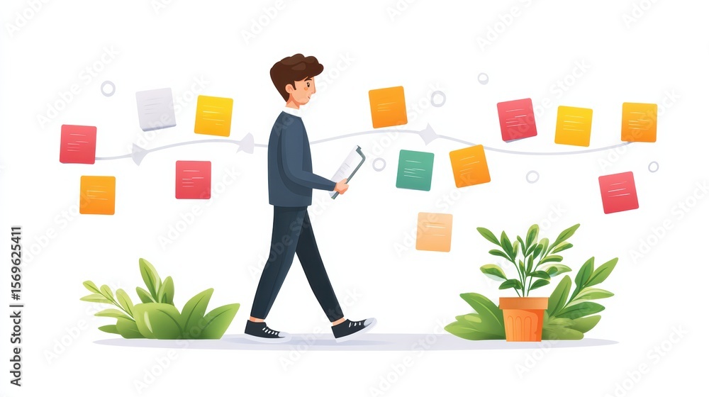 Poster a person walking while holding a wrench, with colorful sticky notes floating around, symbolizing pla