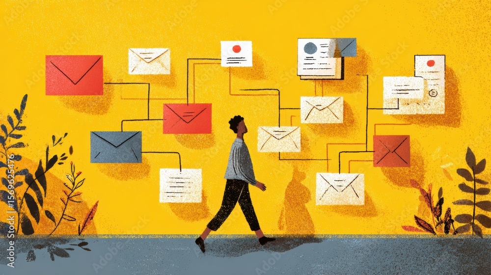 Poster a person walks amid floating envelopes connected by lines, symbolizing email communication or networ