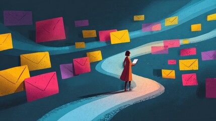 A person stands on a winding path surrounded by floating colorful envelopes, symbolizing digital communication and information flow.