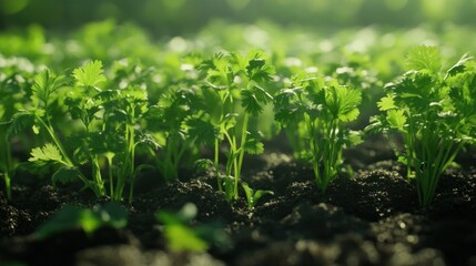 Young cilantro plants in a garden bed