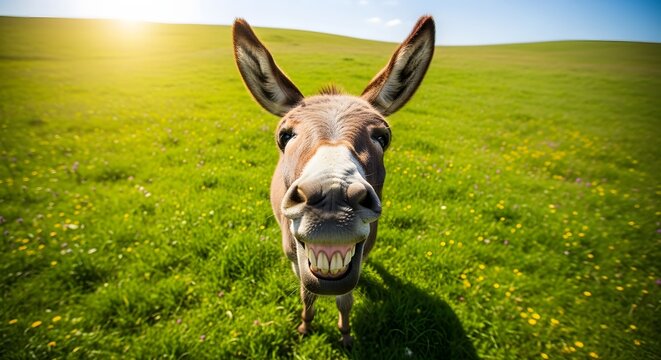 Close-up of a donkey in a field, showing its teeth and ears against a backdrop of green grass and blue sky.