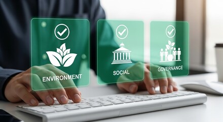 ESG Environmental Social Governance on Virtual Interface Above Keyboard – Sustainability Concept