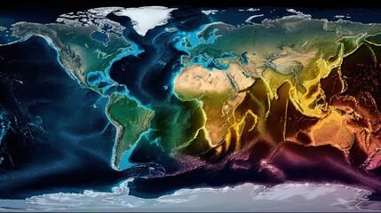 A colorful topographic world map illustrating ocean depths and continental elevations with vivid gradient shading.