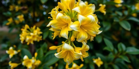Fototapeta premium Eye-level close-up of vibrant yellow and white honeysuckle flowers in a garden, flora, colorful