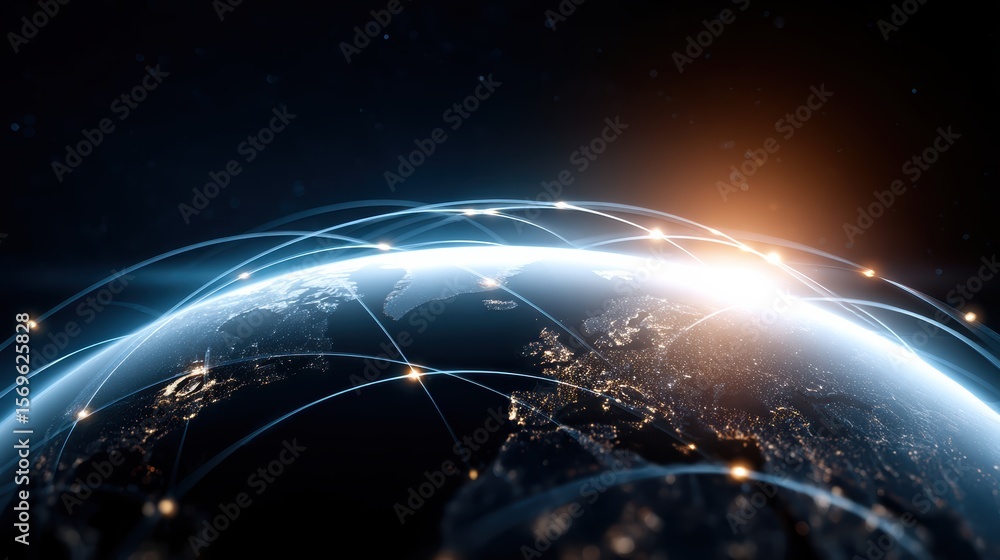Poster a digital representation of earth at night showing illuminated global connections and data networks 