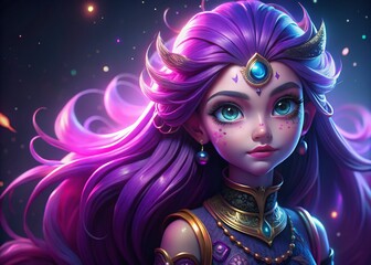 Beautiful Girl with Large Eyes, Purple Hair, and Jewelry - Stock Photo