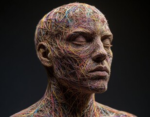 Naklejka premium A head formed entirely from colorful tangled threads in a woven pattern.