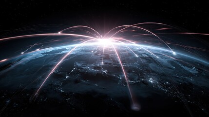 A digital visualization of Earth at night showing interconnected global data streams and network activity emanating from various points.