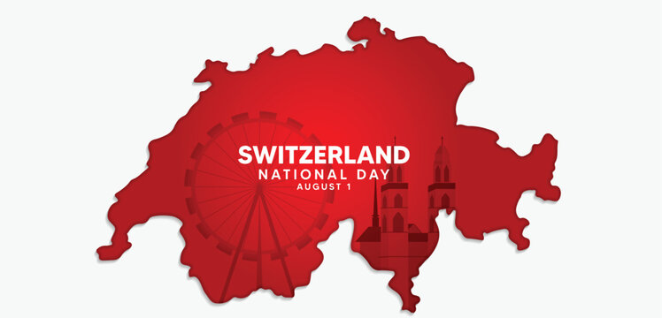 Switzerland National Day 1 August map with landmark vector poster