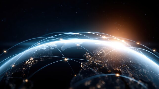 A digital representation of Earth at night showing illuminated global connections and data networks highlighting worldwide communication and technology.