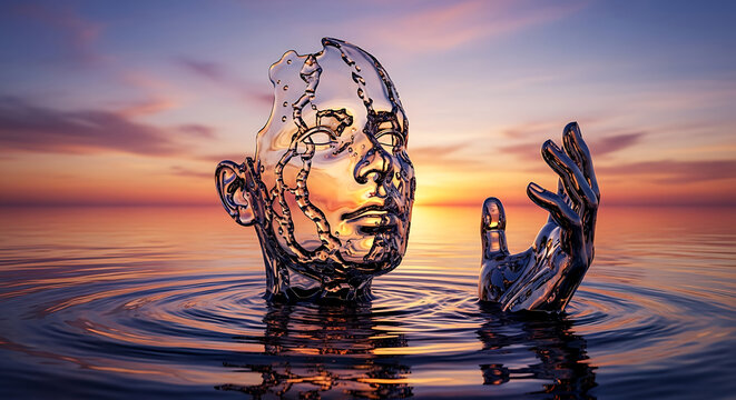 Abstract Human Head Disintegrating in Serene Lake

