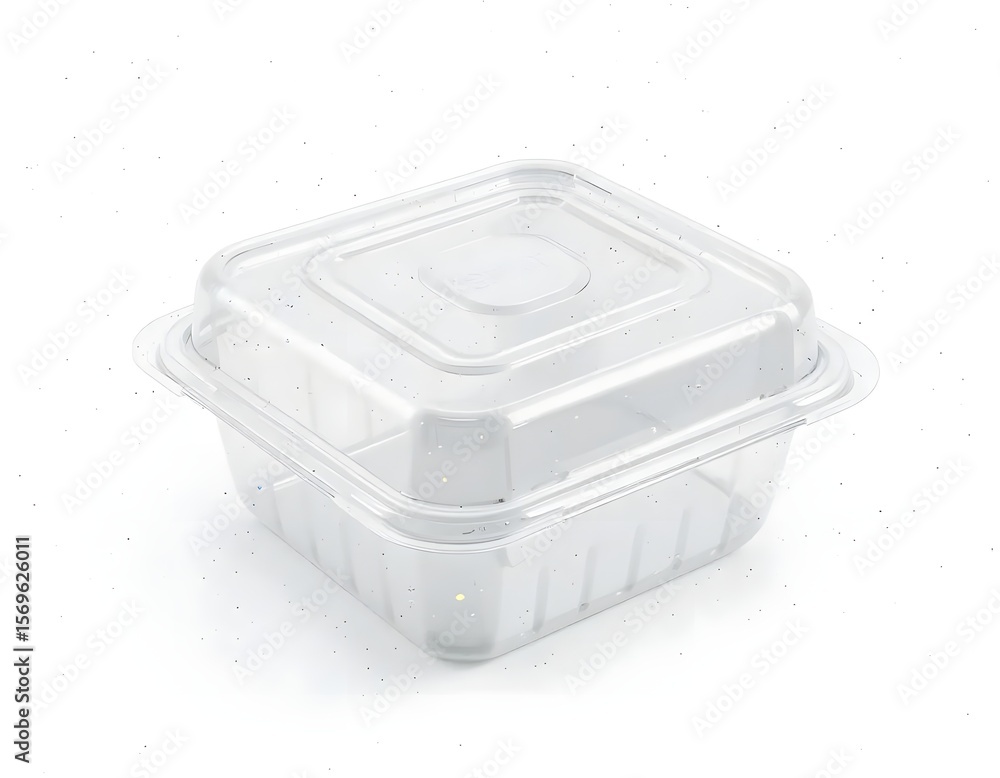 Poster a clear plastic container with a lid sits on a white surface in a studio setting with soft lighting