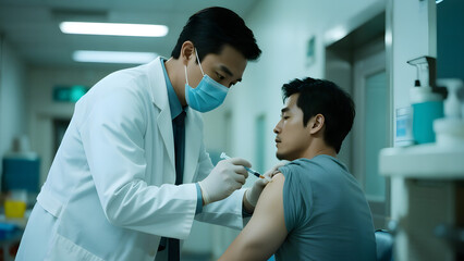 Fototapeta premium A male Asian doctor wearing a white coat and medical mask, injecting a patient’s arm at the cubital fossa in a modern hospital. Clean, clinical environment, bright lighting. Focused and professional 