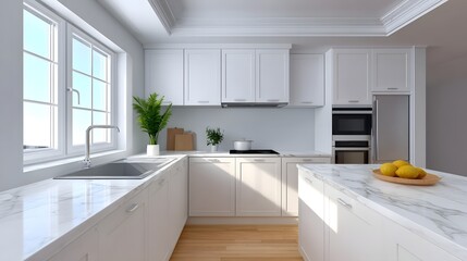 Fototapeta premium Bright and modern white kitchen interior