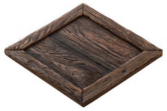 Rustic dark wood diamond shaped panel with textured grain isolated on transparent background
