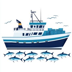 Fototapeta premium a dockside scene with fish boxes being stacked, supply chain theme, minimalist realism, isolated on white background