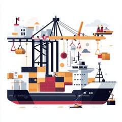 a simplified diagram of unloading procedures at the dock, educational theme, flat infographic style, isolated on white background