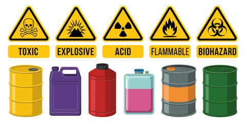Collection of hazardous material warning signs and containers for safety awareness