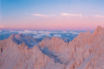 Fototapeta premium Majestic alpine mountains at sunrise with soft pastel colors and clouds hanging low