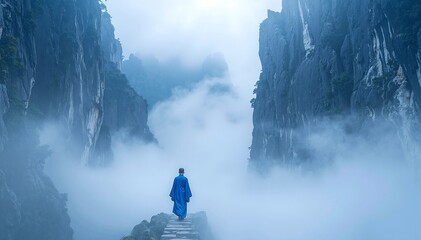 A person in a bright red jacket stands triumphantly atop rugged, weathered rocks, gazing out over a breathtaking landscape of mountains and valleys.