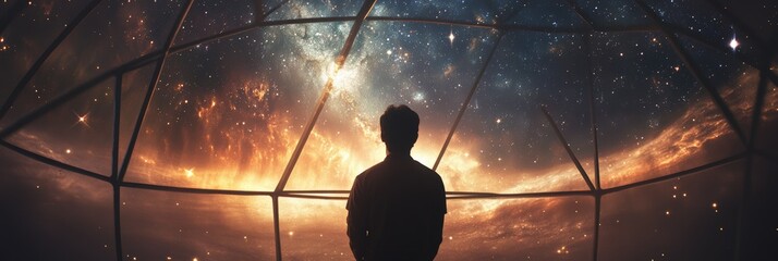 Silhouette of a scientist standing in a glass geodesic dome, observing a breathtaking nebula and galaxy, showcasing the wonders of space exploration and astronomical discovery