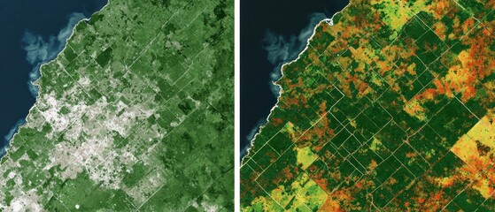 Side-by-side satellite images showing a geographic region with water, urban areas, and vegetation in different spectral views.