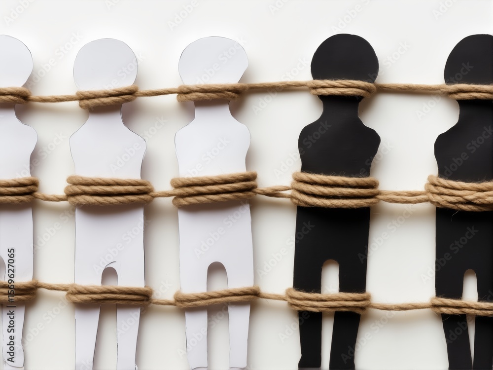 Poster social bonds and limitations represented through paper figures tied with rope conveying unity and di