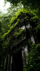 An ancient temple covered in dense jungle vines with intricate carvings   -