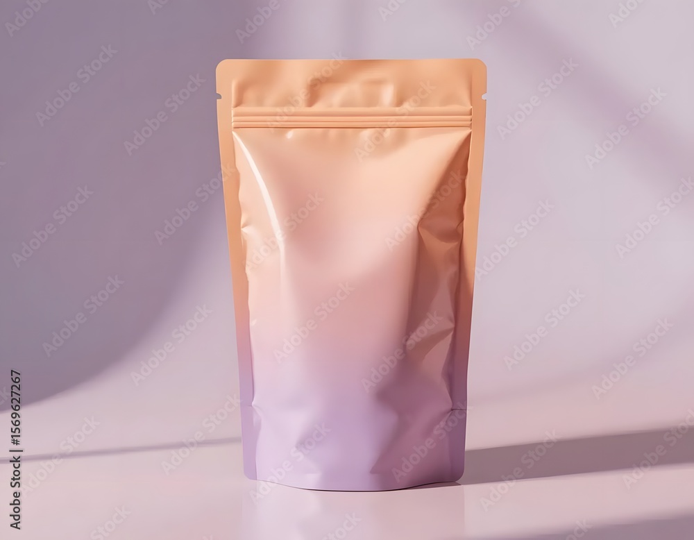 Poster a gradient pouch standing on a reflective surface with a light purple background and shadow patterns