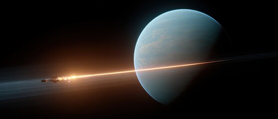 A spaceship fires a bright laser beam across space towards a large, blue planet partially illuminated by a distant light source.